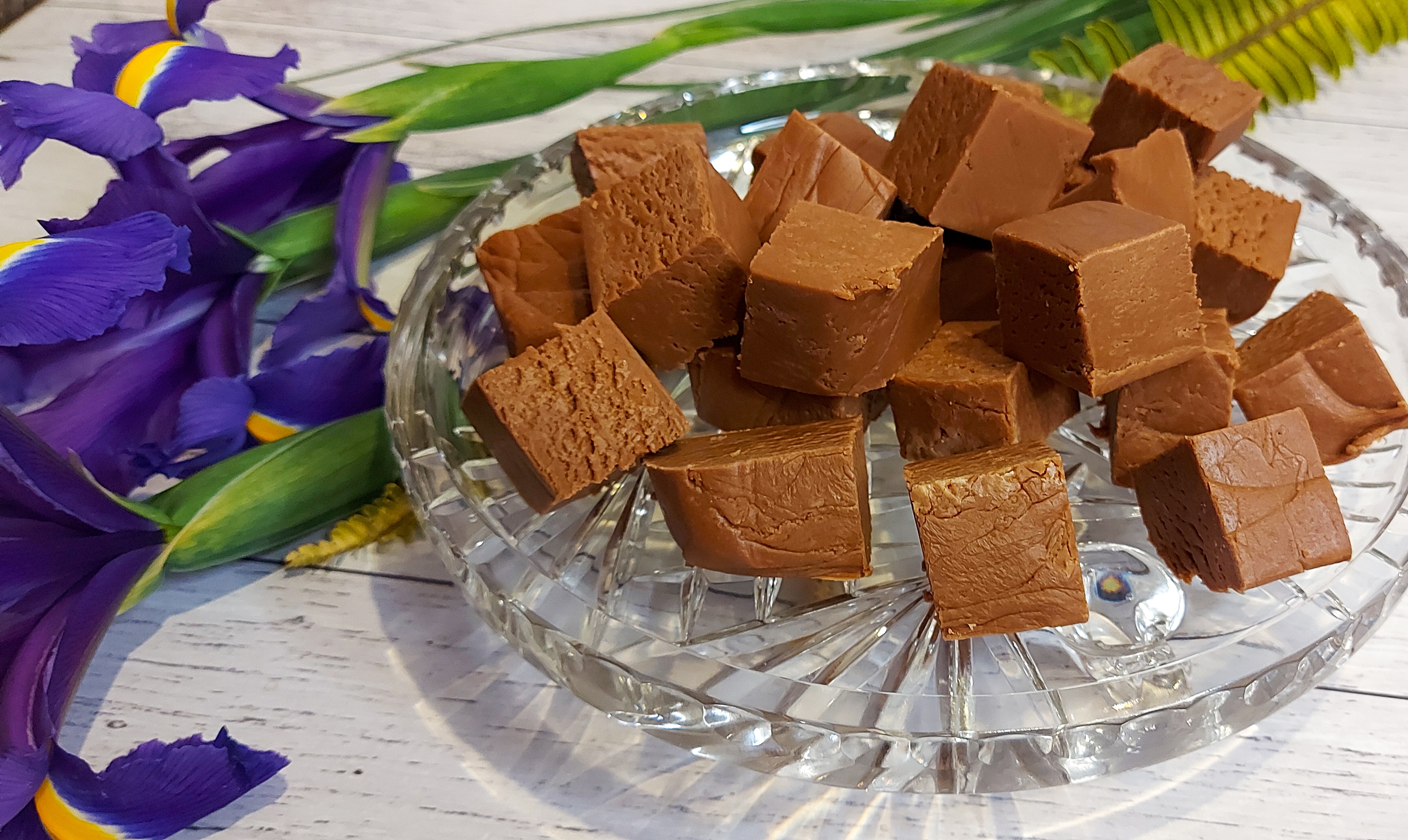 Several pieces of chocolate fudge on a glass serving plate with irises in the background.