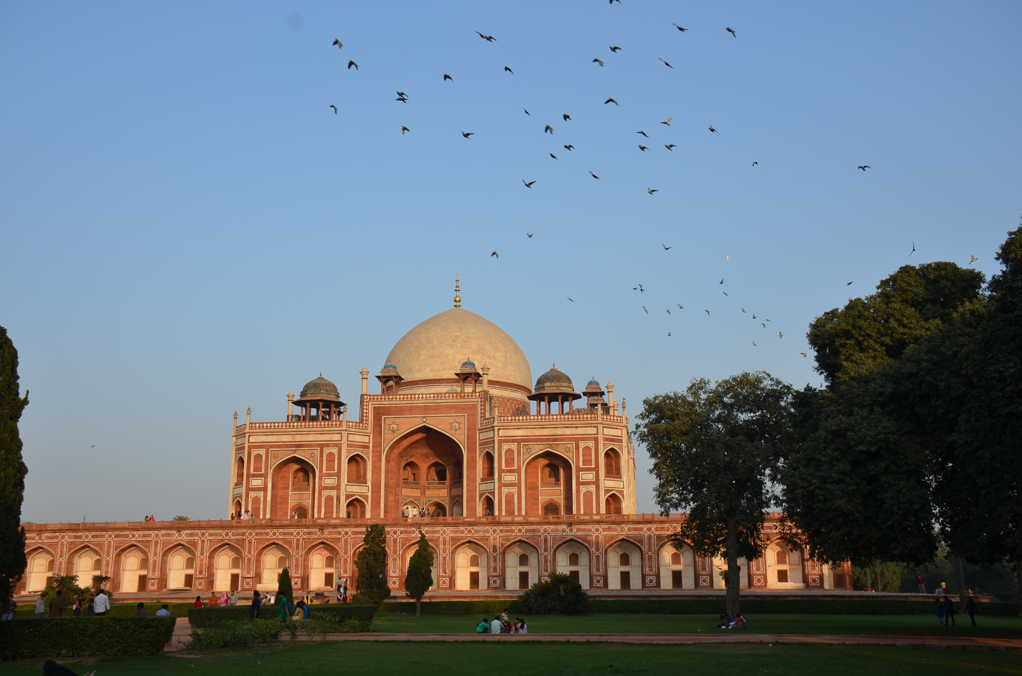 A view of Humayun's Tomb, a UNESCO World Heritage site in Delhi, India, featuring a large dome and intricate red sandstone architecture, with birds flying overhead.
