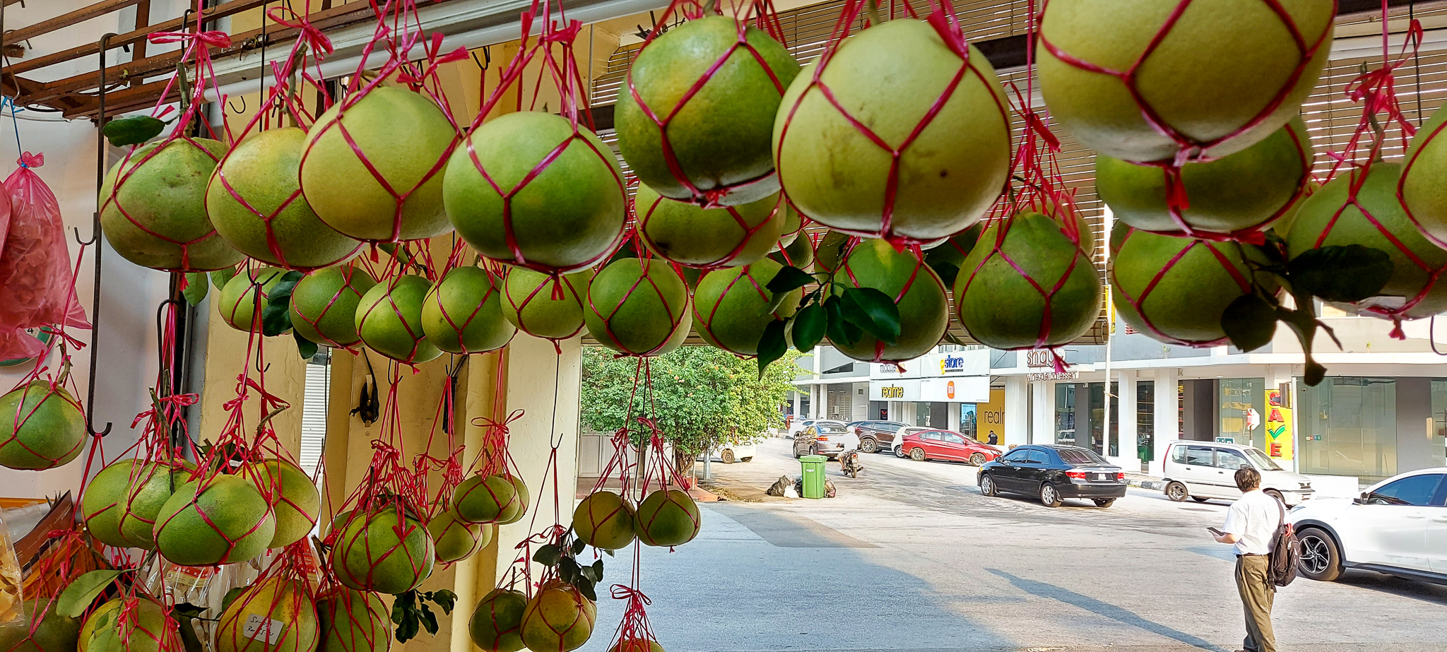 Hanging green pomelos with pink netting in a market, with a city street visible in the background.