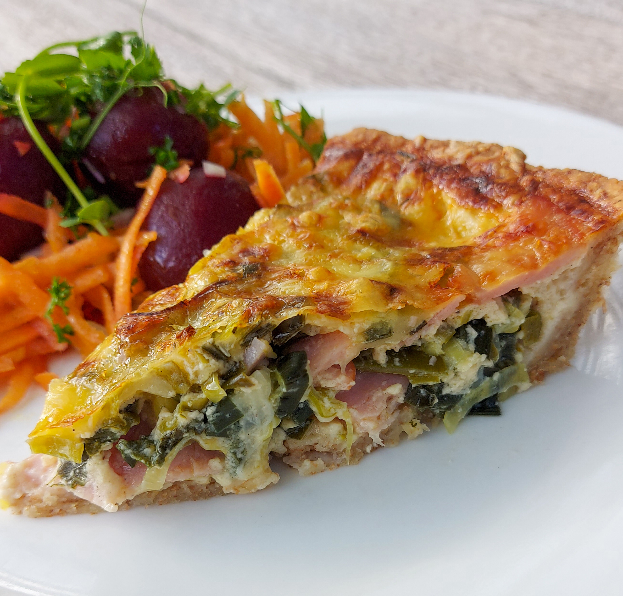 Golden, crispy Ham and Leek Quiche fresh out of the oven