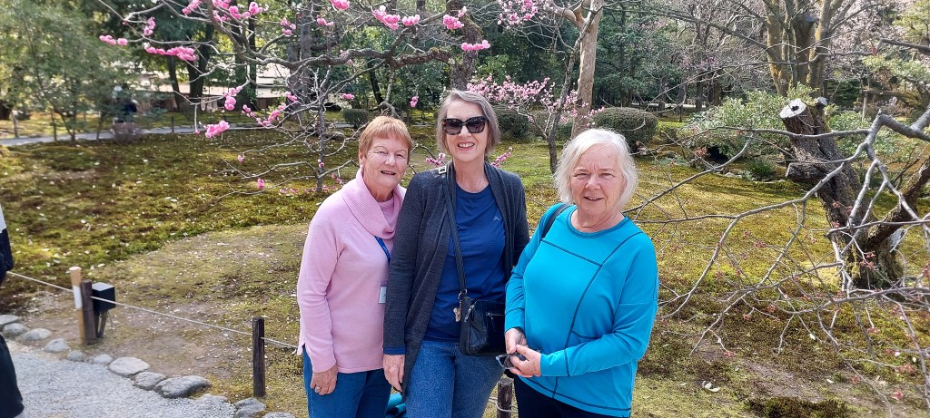 Four tourists smiling in a Japanese garden, featuring cherry blossom trees in bloom.