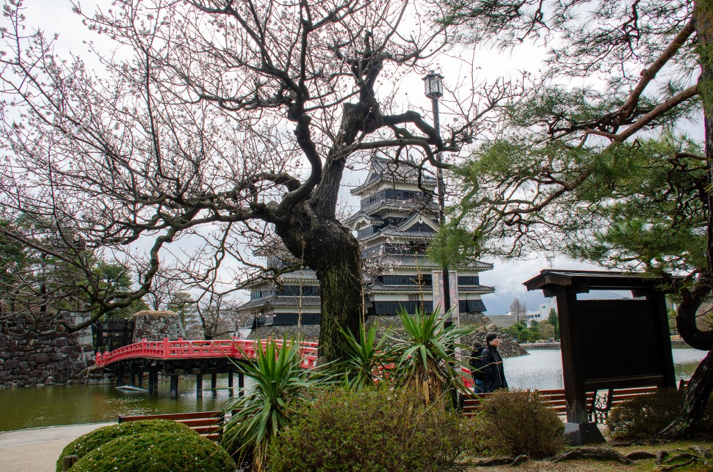 A scenic view of Matsumoto Castle surrounded by trees and a pond, with a bridge in the foreground, capturing the essence of Japanese architecture and nature.