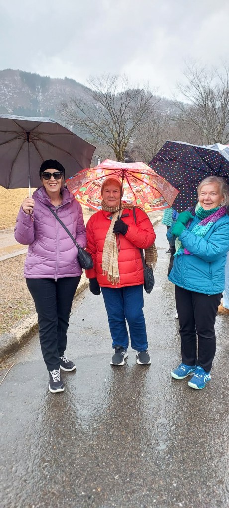 Four women standing together under umbrellas in a rainy outdoor setting, dressed warmly for cooler weather, with trees and mountains in the background.
